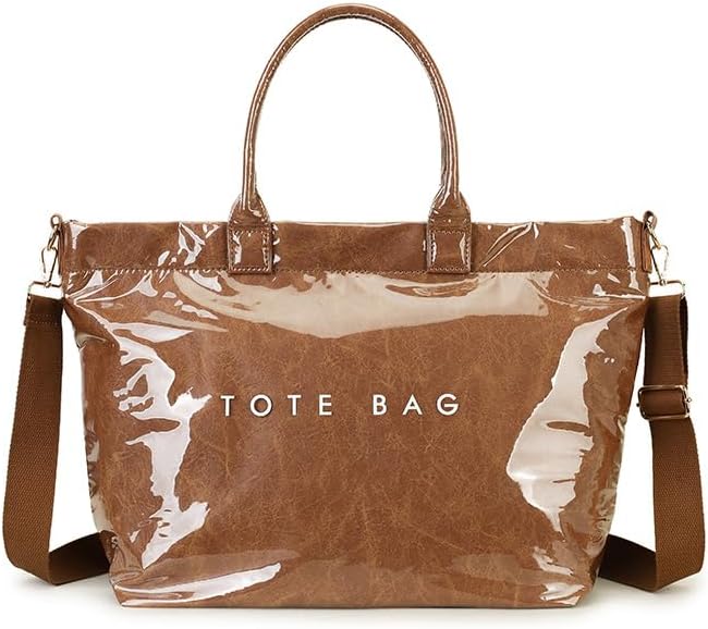 GISMTR Large PVC Tote Bag for Women Letters Print Handbags Kraft Paper Shoulder Bag for Work Travel