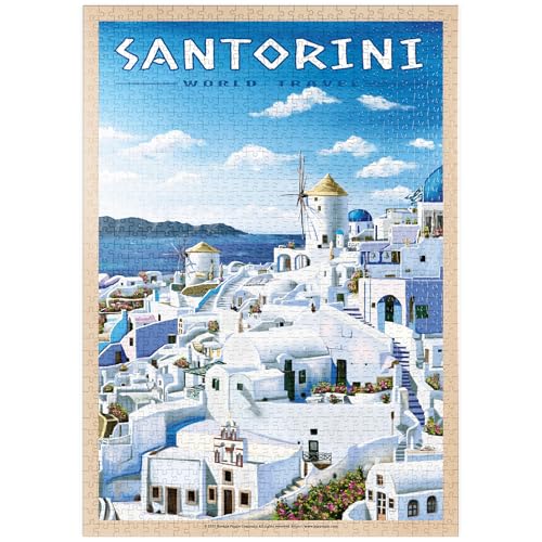 MyPuzzle Greece Santorini - in Blue and White, Vintage Travel Poster - Premium 1000 Pièces Puzzle - Collection spéciale MyPuzzle de Havana Puzzle Company