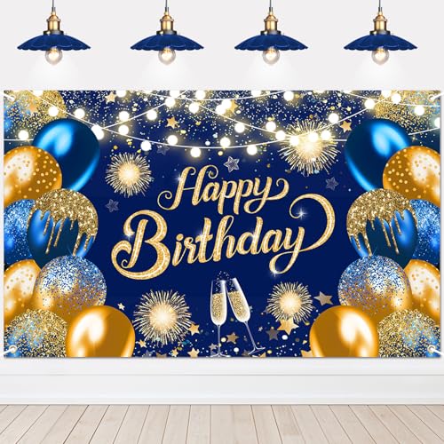 Lecheme Blue Happy Birthday Backdrop 6x3.6 ft Blue Gold Banner for Men Women Birthday Party Decorations Photo Booth Background