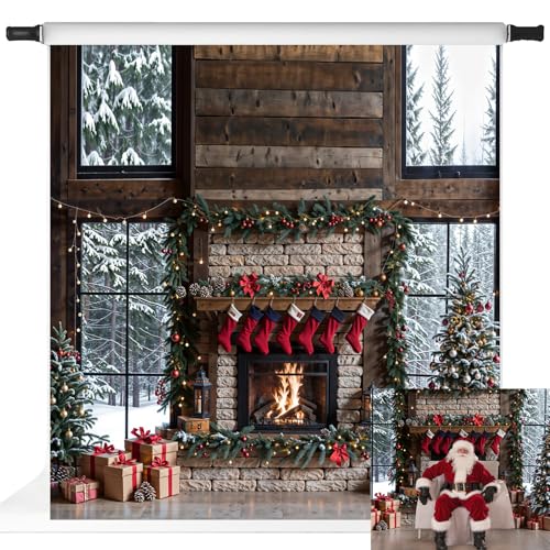 Toile de fond Noël Kate décor cheminée pour photo de famille et fêtes d'hiver à la maison