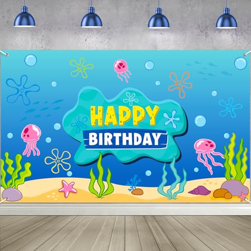 Fondo de Fiesta Feliz Cumpleaños Tema Océano 73x43 Pulgadas