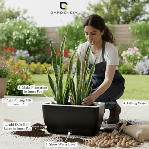 Image of GARDENCIA Self Watering Flower Pots for Outdoor Indoor Gardening /Rectangle Big Plant Pot with Polypropylene UV Material /Decorative Modern Gamla (Recta Big Black, Pack of 3)