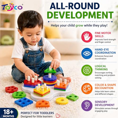 Image of TOYCO Shape Sorter Toy for Toddlers 1-3 Years, 25 Pieces Learning & Stacking Toy, Educational Montessori Toy with 5 Shapes & 5 Colors, Shape Sorting Game, Fine Motor Skill Toy for Boys & Girls