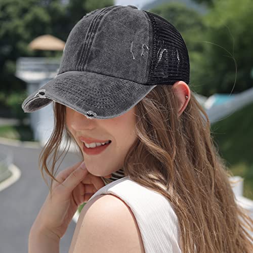 Image of HH HOFNEN Ponytail Hat for Women Washed Distressed Baseball Cap Ponycaps