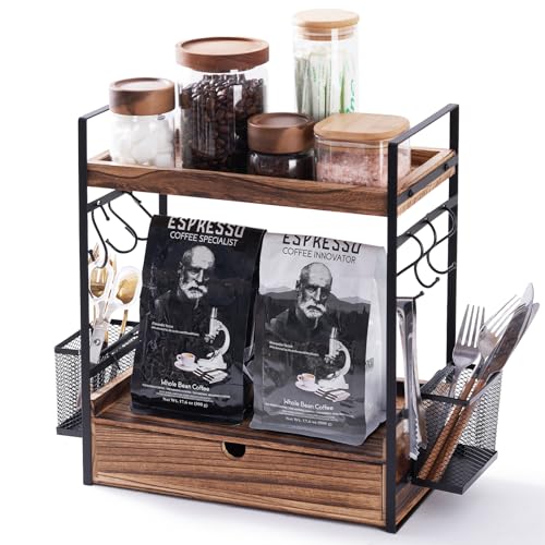 tarukh 3-Tier Coffee Station Organizer with Slide Out Drawer, 2 Metal Baskets & 6 Hooks, Bathroom Organiser, Mug Storage Home, Office, Wooden Desk Organiser, Kitchen Shelf Organiser for Countertop