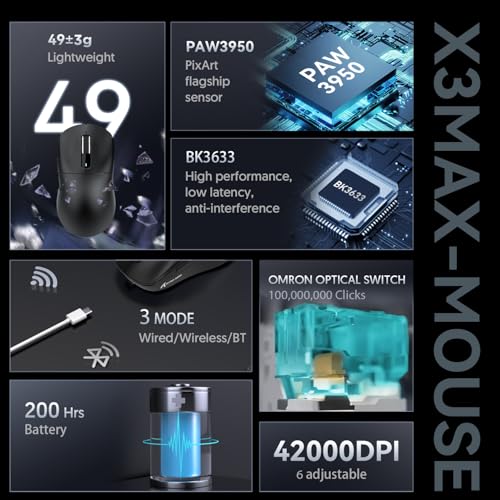 Image of MAMBASNAKE Attack Shark X3MAX Wireless Gaming Mouse,PixArt PAW3950 42000 DPI,49g Ultralight Tri-Mode(BT5.4 /2.4GHz /Wired), 1K Polling Rate Programmable Computer Mice for PC /MAC /Win - Black