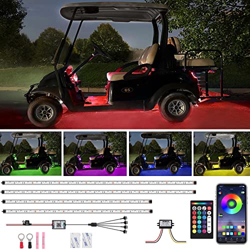 ROLiGHTiC 4 Pcs Golf Cart Underglow Lights RGB Led Strip Lights for EZGO Yamaha Club Car RF/APP Control Sound Active Music Sync with Voltage Reducer Water Resistant Flexible Tubes