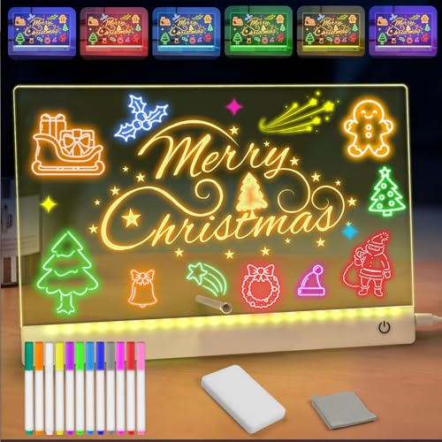Rechargeable Led Drawing Board for Kids,11.8"X7.87"Glow Doodle Drawing Pad with 6 Colors & 4 Light Modes, Acrylic Dry Erase Board with12 Markers, Best Birthday Toys Gift for Ages 3-12+