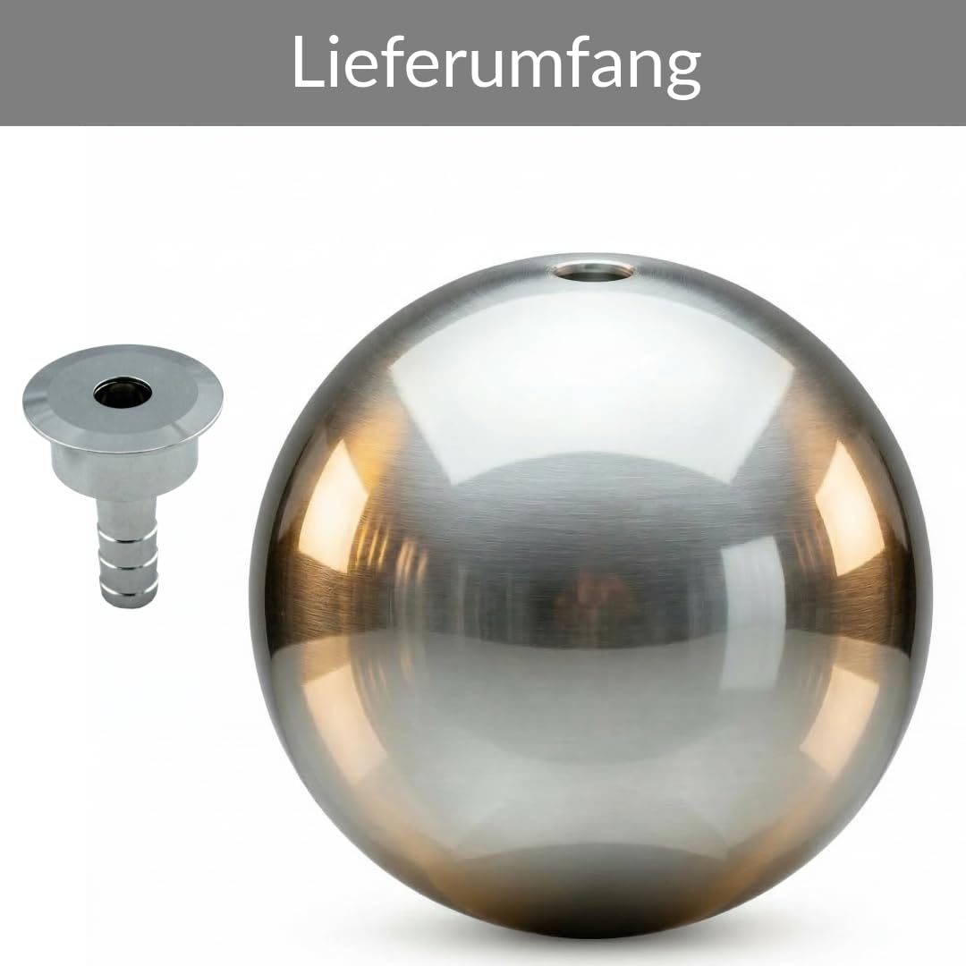 Kugelbrunnen aus Edelstahl D: 30 cm – Edelstahlkugel glänzend für Gartenbrunnen, Wasserspiel Garten, 30 mm Lochbohrung, 1/2 Zoll Schlauchanschluss, Edelstahlbrunnen für DIY Brunnenanlagen
