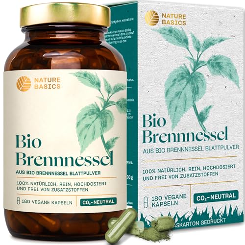 Bio Brennnessel - 180 Kapseln hochdosiert / 900 mg hochwertiges & reines Bio Brennnesselblattpulver pro Tagesdosis/Vegan, Zertifiziert & Nachhaltig im Glas