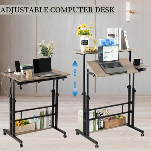 Image of Hadulcet Rolling Stand Up Desk Adjustable Height - Portable Standing Desk with Wheels & Charging Station, Mobile Laptop Desk Small Standing Desk Drawing Table, Grey