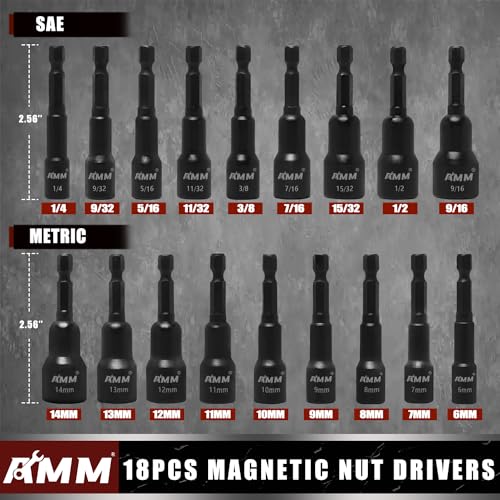 AMM 28PCS Magnetic Nut Driver Set, Impact Drill Driver Bit Set 1/4\" Hex Shank, Metric & SAE Impact Nut Driver Set with Impact Socket Adapters, Bit Holder, Quick-release Extensions and Storage Bag - Thumbnail 2