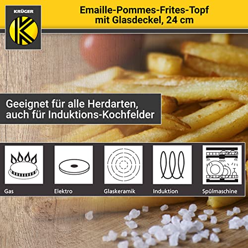 Krüger Emaille-Pommes-Frites-Topf mit Chromrand, Siebeinsatz und Aufliege-Glasdeckel - 24cm - perfekte Wärmeleitung - Topf zum Frittieren von Pommes-Frites, Calamares, etc. – Bild 6