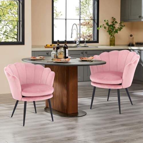 Esszimmerstühle 2er Set 150KG，Schminktisch Stuhl aus Samt，Schreibtischstuhl mit Blütenblätter Rückenlehne，Sessel mit Doppelten Sitzkissen für Schlafzimmer