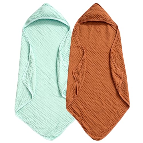 Image of PHF 2 Pack Baby Hooded Towels, 100% Muslin Cotton Baby Bath Towel with Hood for Newborn, Infant, Toddler, Ultra Soft and Absorbent Baby Essentials Bath Towels for Boys Girls, 32x32Inch, Green & Brown