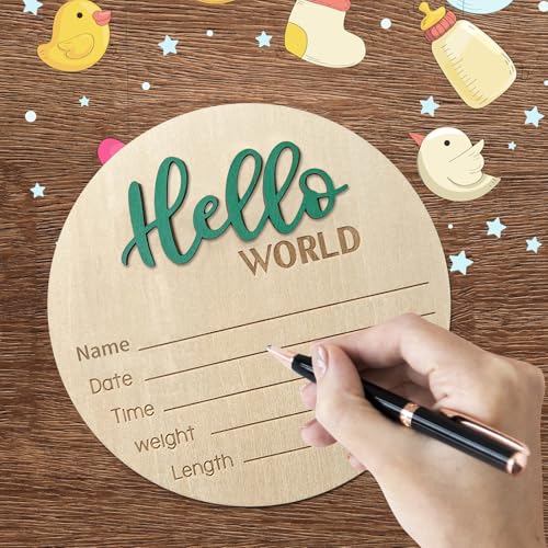Image of Baby Announcement Sign, 5.9 Inch Wooden Hello World Newborn Sign, Birth Announcement, Baby Shower Hospital Nursery for Newborn Boys and Girls (Green)