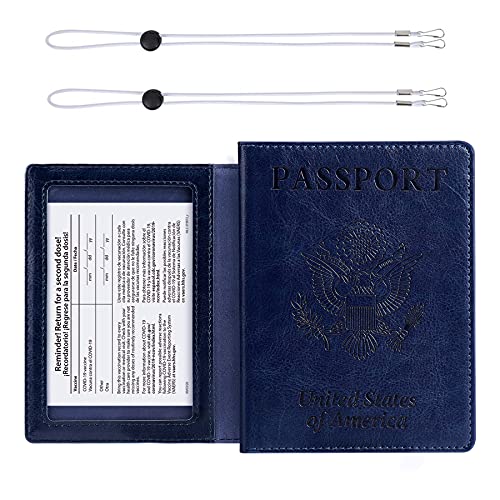 Passport and Vaccine Card Holder Combo, labato Passport Holder with Vaccine Card Slot PU Leather Passport Cover for Women Men, Passport Wallet Case and Mask Lanyard Straps Mask Holders (Blue)