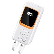 50000mAh Power Bank con cable incorporado: Batería externa de carga rápida de 22.5W con gran capacidad, cargador portátil con linterna LED y 7 salidas y 3 entradas-Blanco MP3 with