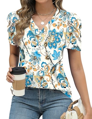Image of EFFAN Women's Puff Sleeve V Neck Tops Summer Casual T-Shirt Blouses & Shirts UK(Apricot-Blue Floral,XXL)