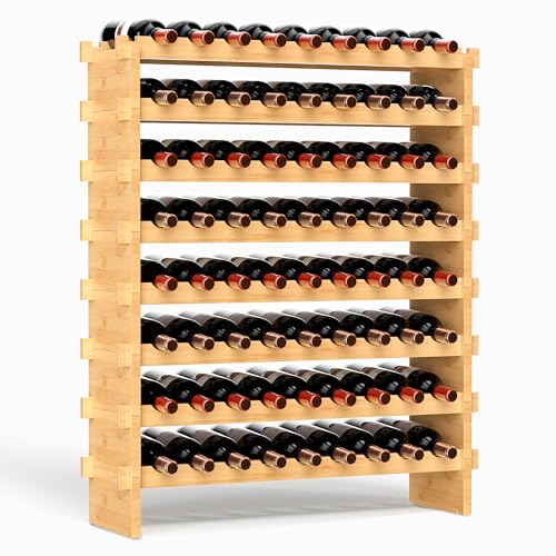 VASMIA Scaffale per Vino in Bambù Impilabile, Autoportante, 72 Bottiglie, Senza Attrezzi, Montaggio a 8 Livelli, per Cucina, Bar, Sala da Pranzo, Cantina, Naturale