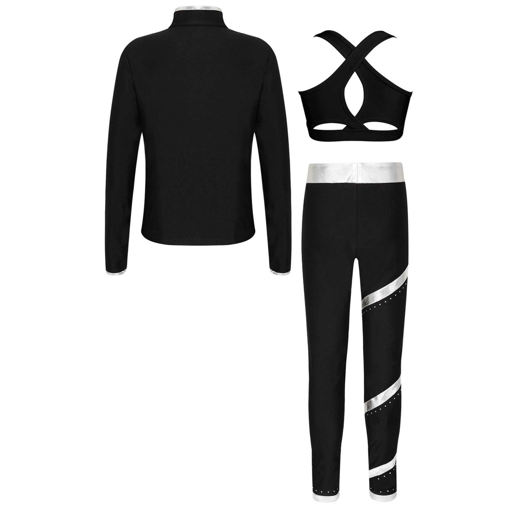 Oyolan Ensemble Veste Patinage Artistique et Pantalon Strass Brillant Tenue Gymnastique Danse 5-16 Ans Argenté 11-12 ans
