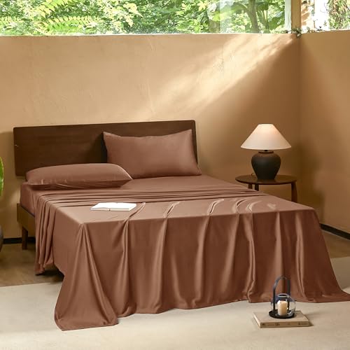 Image of EVERLY Queen Sheets Set,Luxuriously 400 Thread Count Organic Viscose Derived from Bamboo Bed Sheet,Cooling Sheets for Queen Size 4 Piece Deep Pockets Bedding Sheets &Pillowcases-Brick Red