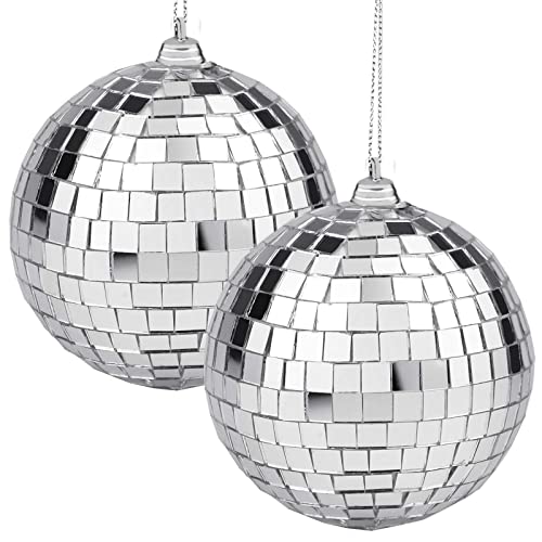 Excefore 2 Pieces Disco Mirror Balls Silver Hanging Ball for 50s 60s 70s Disco DJ Light Effect Party Home Decoration Stage Props School Festivals Party Favors and Supplies 4 Inch (4inch Silver)