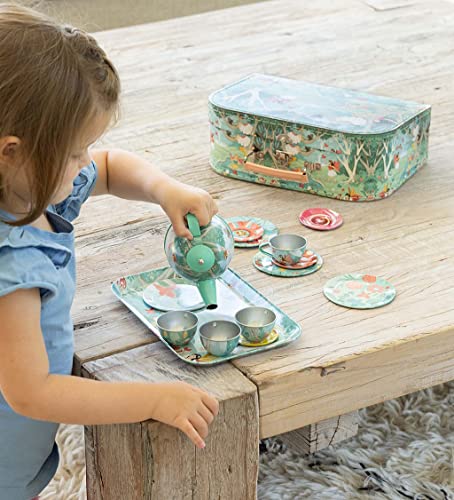 Hearthsong 15-Piece Fairy-Themed Tin Tea Set With Lidded Teapot, Includes Teapot, 4 Plates, 4 Cups, 4 Saucers, Serving Tray And Carrying Case #TOP6