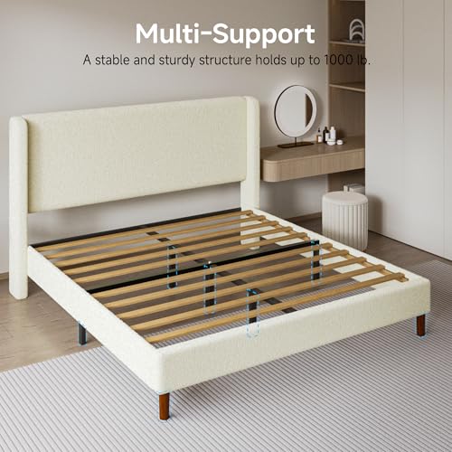 Queen Bed Frame, Boucle Upholstered Platform Bed with Iron & Wood, Beige - image 5