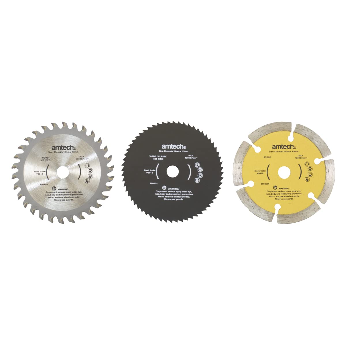 Amtech V5010 3 Piece 85mm Mini Circular Saw Blade Set, Cuts Wood, Plastic, Concrete, Masonry & Tiles, Universal 10mm Bore Size