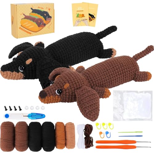 RANJIMA Häkelnadel-Set für Anfänger,Tiere Häckeln Stricken mit Anleitung,Komplettes Häkelset Dackel Hund,Starter Häkeln Tiere Set mit Häkelnadeln,Garn,Füllung,Kreativ Hunde Strickset für Geschenk