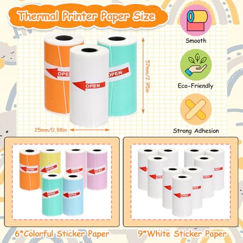 Image of 15 Rolls 53 * 28mm Mini Printer Sticker Thermal Paper,Self-Adhesive Multicolor Paper Compatible with T02 /M02 Mini Thermal Printer Study Notes, Journal Photos