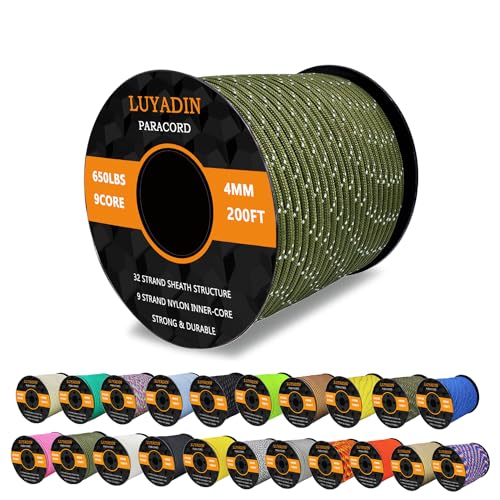 LUYADIN Reflective Paracord 650lb - 9 Strand Parachute Spool Cord - 100ft 200ft 500ft 1000ft 4mm,Paracord for Camping,Hiking,Fishing,Outdoor and DIY