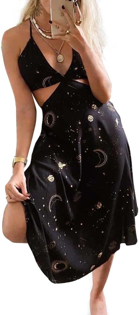CORAMOON Celestial Maxi Dress, Black with Moon and Stars Print, Halter Neck Cut-Out Design