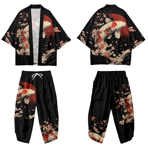 Image of DOSLAVIDA Men's Japanese Kimono Cardigan Suit Chinese Style Printed Jacket Pants Set Open Front Seven Sleeve Top & Shorts