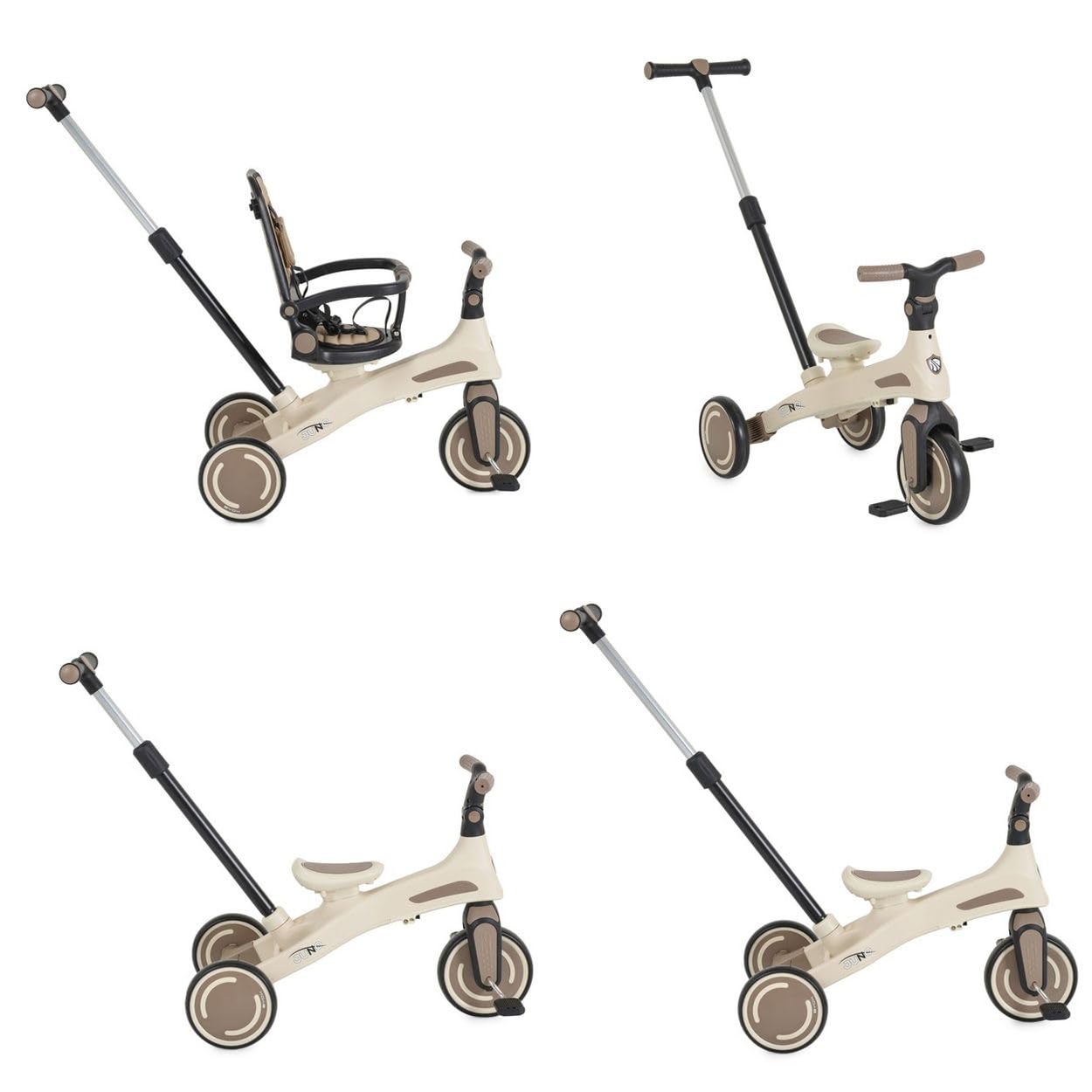 Dreirad, Tricycle Juno 4 in 1 Laufrad Schiebegriff Sitzdrehung Sonnendach beige