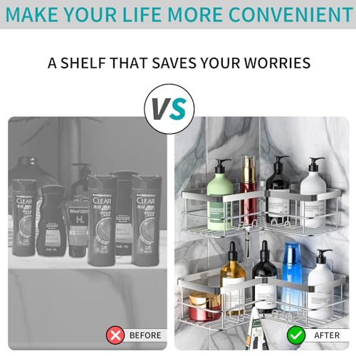 Yazoni Corner Shower Caddy, Adhesive Shower Organizer Corner, Bathroom Shelves Shampoo Holder with Hooks, Rust-proof Stainless Steel (Silver) - Cosy Home Interiors Yazoni Corner Shower Caddy, Adhesive Shower Organizer Corner, Bathroom Shelves Shampoo Holder with Hooks, Rust-proof Stainless Steel (Silver) - Image 3