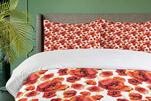 Ambesonne Floral Duvet Cover Set, Red Poppy Flowers Watercolor Paintbrush Style Effect Nature Idyllic Print, Decorative 3 Piece Bedding Set With 2 Pillow Shams, King Size, White Red #TOP2