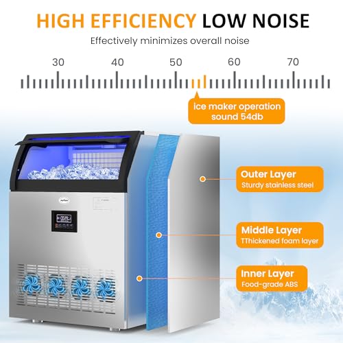 Image of Sunvivi Commercial Ice Maker Machine, 265LBS /24H, 55LBS Storage Bin, Stainless Steel Under Counter Ice Machine for Restaurants, Bars, and Home Use, Includes Water Filter, Scoop, and Hose