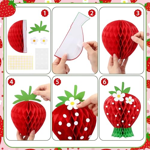 Image of Amyhill 4 Pcs Strawberry Party Decorations Large Strawberry Honeycomb Centerpieces 3D Berry First Table Decor Fruits Paper Honeycomb Decorations for Birthday Summer Shower Party Favor (Pink Red)
