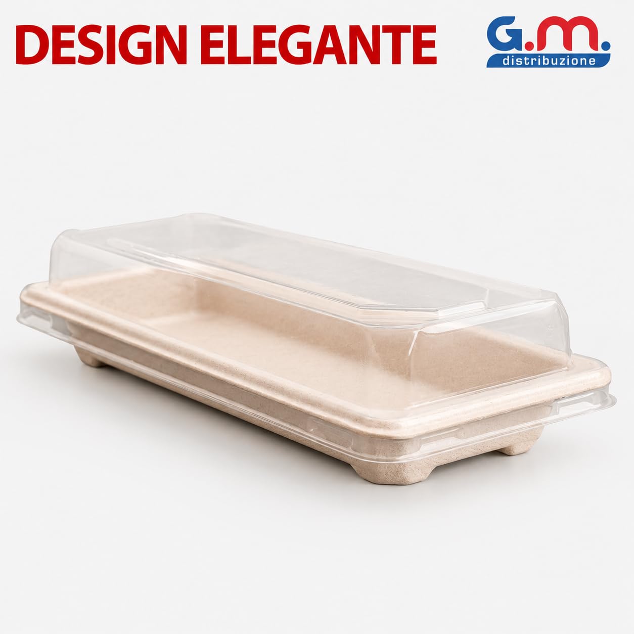 GM 50 Vassoi Sushi in Polpa di Cellulosa 21,5x13,5x2,1 cm con Coperchio PET Trasparente, Contenitori per Sushi, Sashimi, Buffet e Take Away