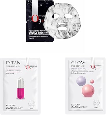 Power Brightening Bubble Sheet Mask for Deep cleansing and glowing skin & O3+ Facialist Dtan Face Sheet Mask With Niacinamide reduced dark spots, acne scars, and discoloration while giving ultimate brightening & O3+ Facialist Glow Sheet Mask Hydrates and awakens skin Minimized brown spots and Freckles (30g)