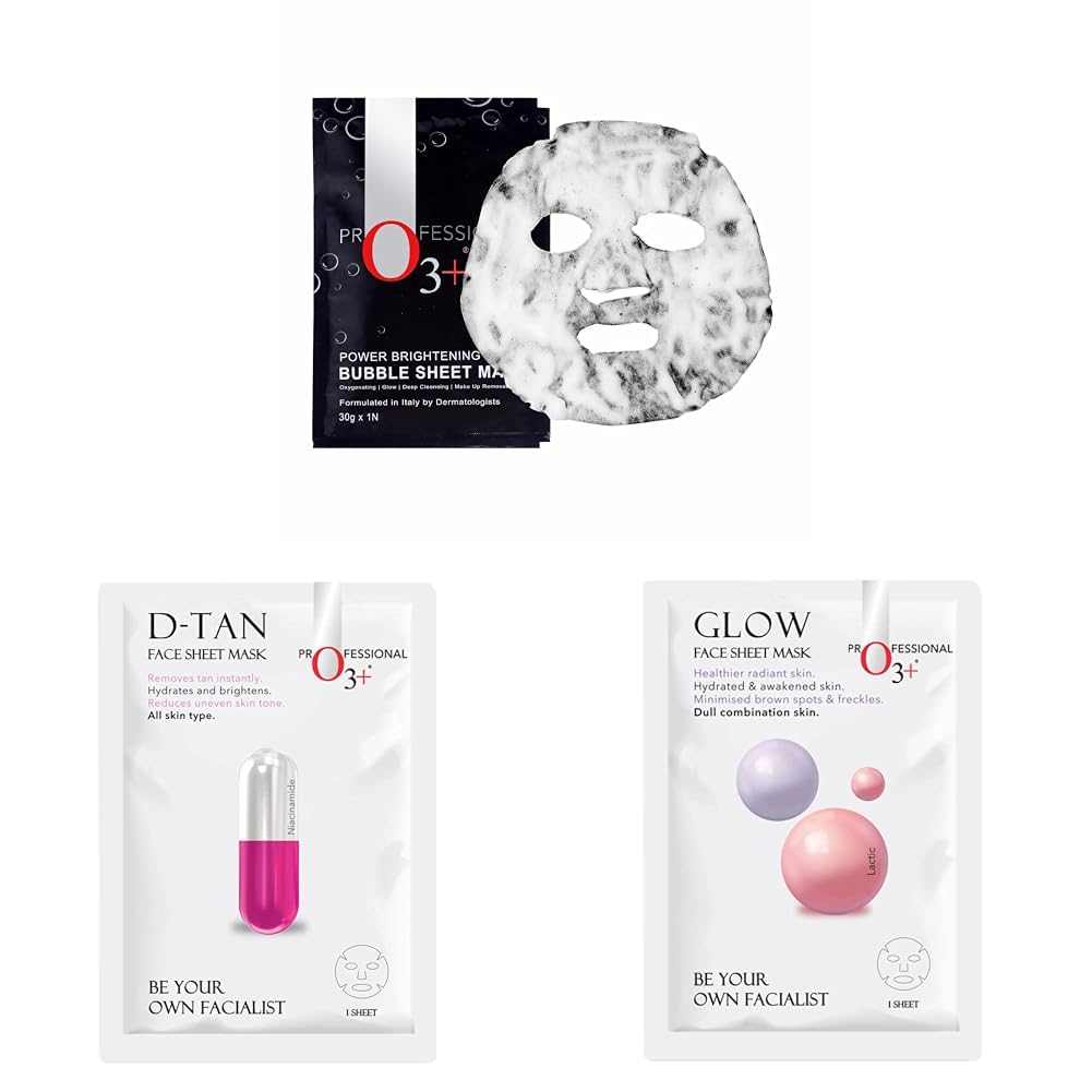 O3+ Power Brightening Bubble Sheet Mask for Deep cleansing and glowing skin & O3+ Facialist Dtan Face Sheet Mask With Niacinamide reduced dark spots, acne scars, and discoloration while giving ultimate brightening & O3+ Facialist Glow Sheet Mask Hydrates and awakens skin Minimized brown spots and Freckles (30g)-image-12