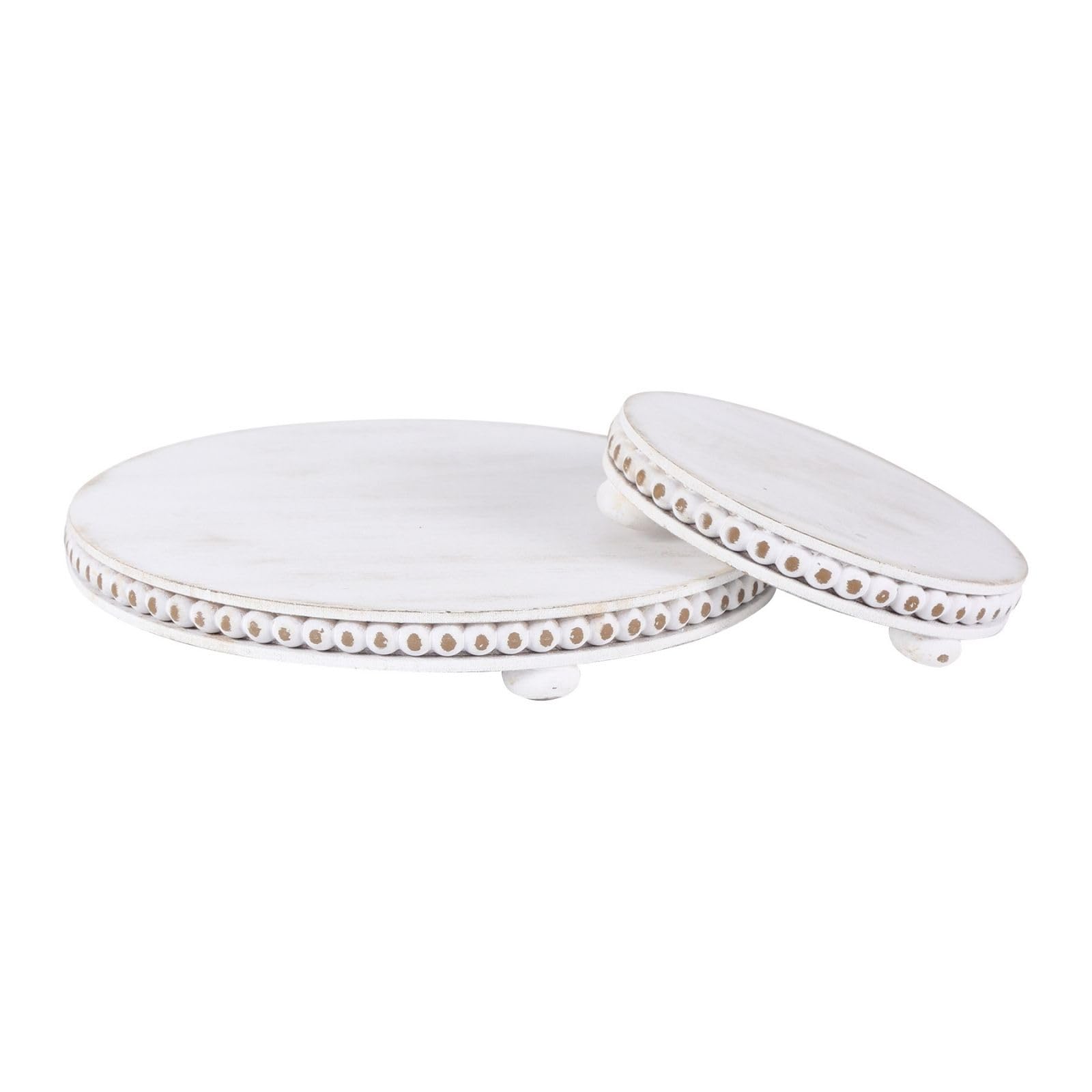 2 Pcs Wood Risers For Decor Beaded Wooden Pedestal Stand for Kitchen Counter Rustic Risers For Display Decorative Farmhouse Home Decorations Round Distressed White