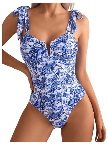WDIRARA Women's Floral Print One Piece Swimsuit Boho Tie Shoulder BathingSuits