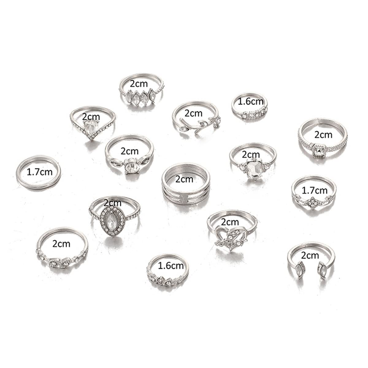 Stone Studded Silver Plated Stackable Rings Set of 15