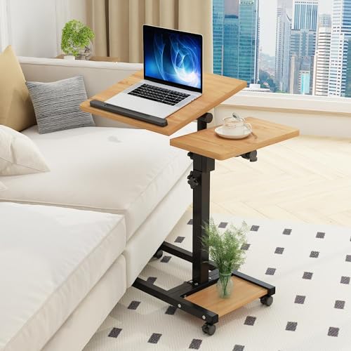 XICEN Laptop Stand Adjustable Overbed Table Rolling Laptop Desk with Safety Edge Stopper Multifunctional Bedside Table Mobile Stand with Wheels Black (Burlywood)