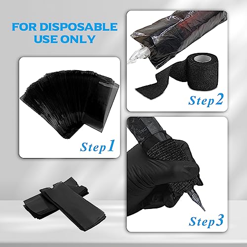 204 Stück Tattoo Grip Tape und Stift Taschen Zubehör Set, Rayyl 4 Rollen Tattoo Griff Abdeckung Wrap und 200pcs Tattoo Stift Taschen für Tattoo Zubehör