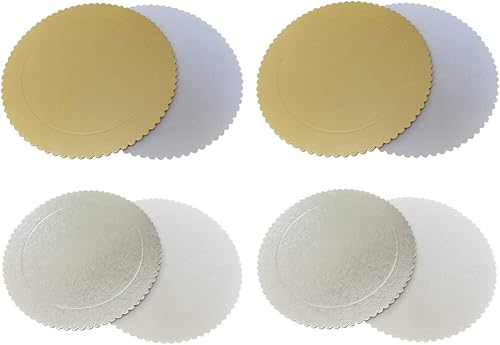 Miniatura 3 de Jilukibo Tableros redondos desechables para tartas, a prueba de grasa, base circular de 8 pulgadas, bandeja de cartón dorado y plateado para