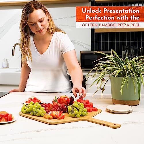 Image of Wooden Pizza Peel 14 Inch Board with Engraved Sizes - Multi-Purpose Bamboo Pizza Cutting Board, Wood Pizza Peel, Pizza Spatula Paddle, and Serving Board with Size and Cutting Guide